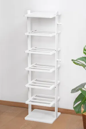 Varhomax White Shoe Rack, 7-Tier Vertical Bamboo Shoe Shelf for Small Spaces and Corners, Wooden Tall Shoe Tower with Hooks for Entryways
