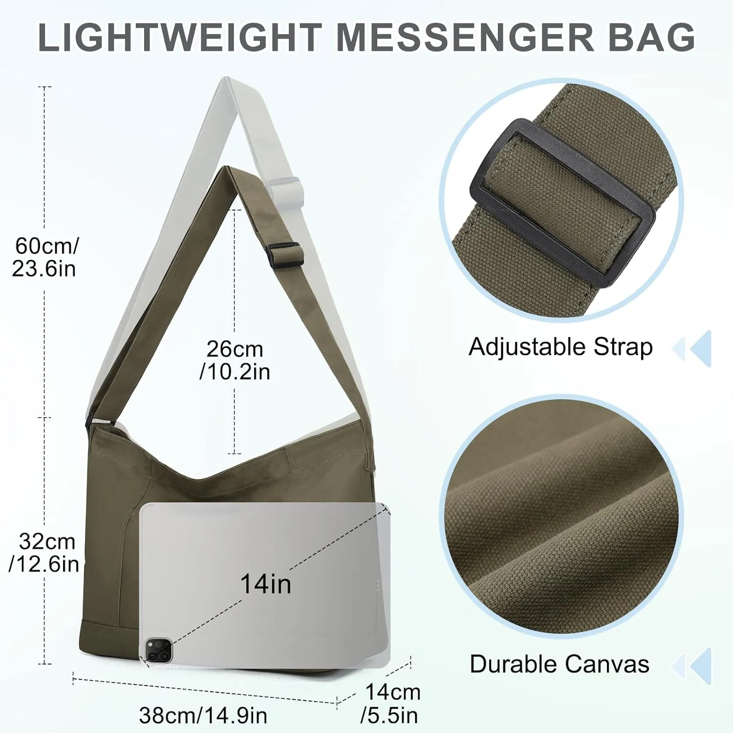 VASCHY Canvas Messenger Bag, Lightweight Casual Crossbody Slouchy Shoulder Hobo Side Bag Purse for Men and Women