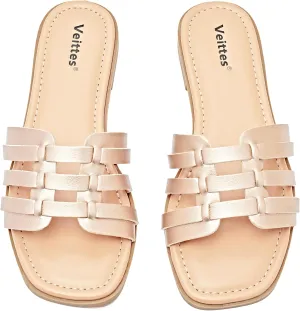 Veittes Women's Flat Slide Sandals-Casual Ladies Flat Summer Sandals.