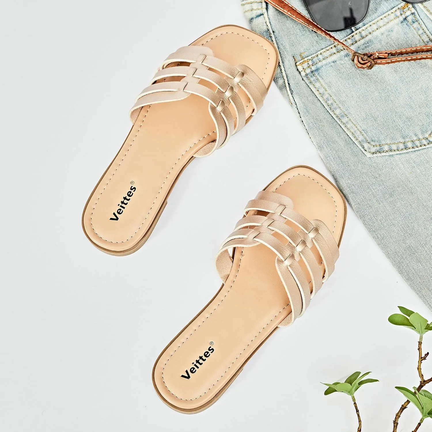 Veittes Women's Flat Slide Sandals-Casual Ladies Flat Summer Sandals.