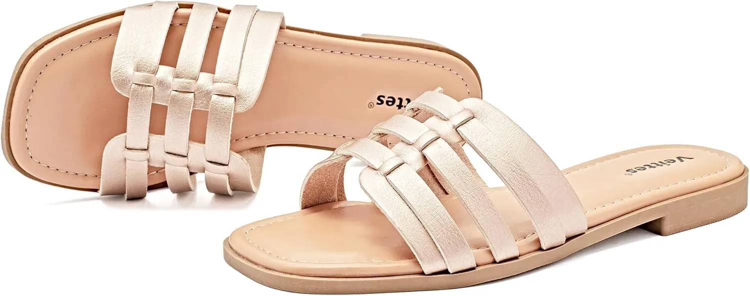 Veittes Women's Flat Slide Sandals-Casual Ladies Flat Summer Sandals.