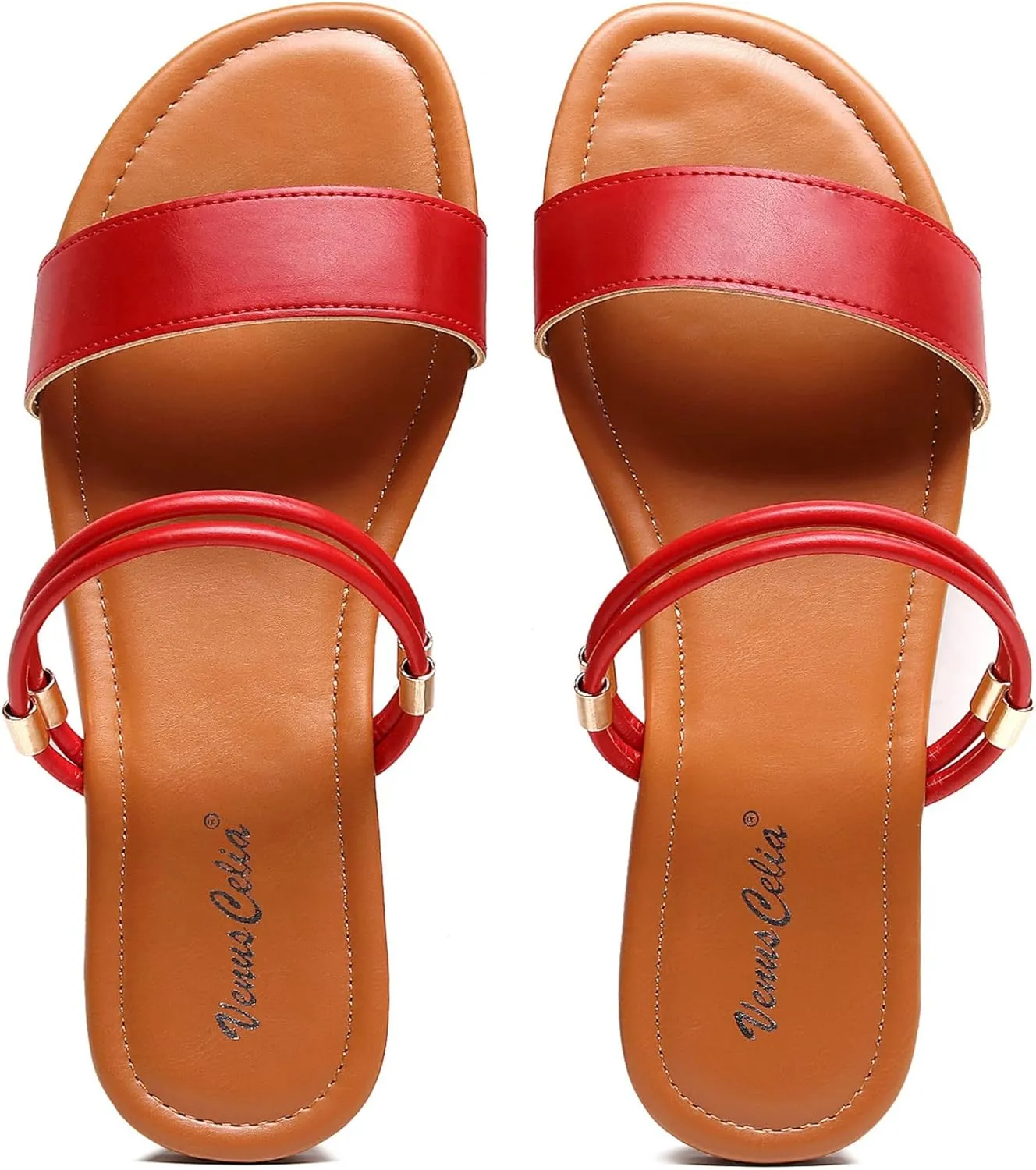 VenusCelia Women's Double Straps Wide Flat Sandal