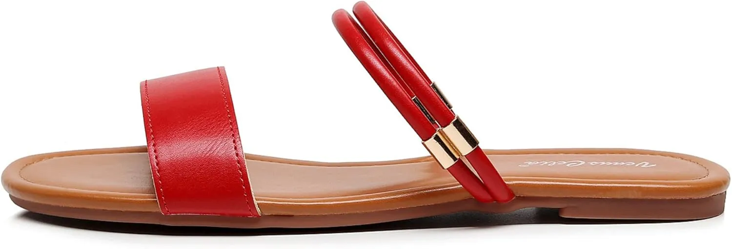 VenusCelia Women's Double Straps Wide Flat Sandal