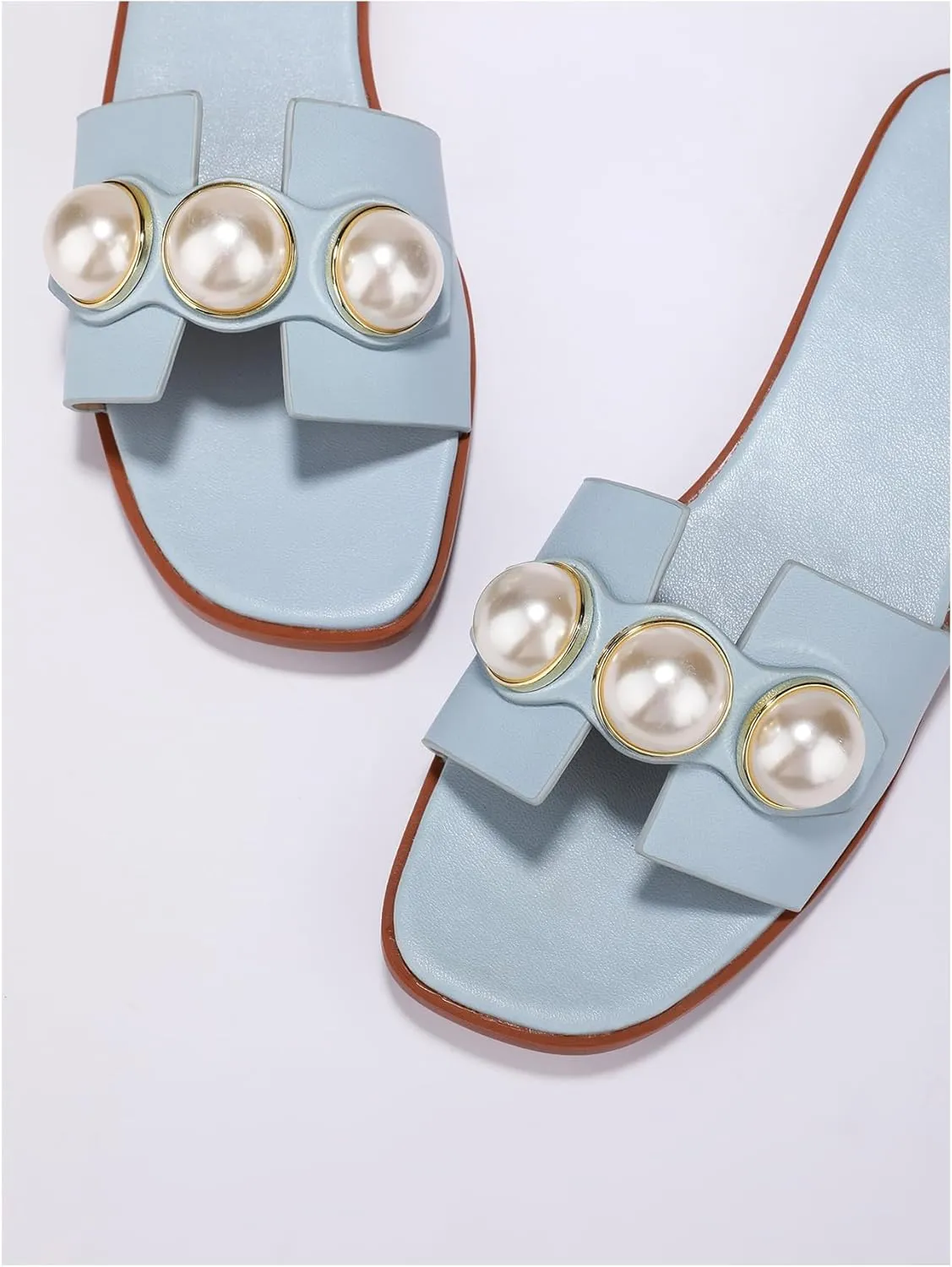 Verdusa Women's Flat Sandals Pearl Sandals Square Toe Summer Slip On Flat Shoes