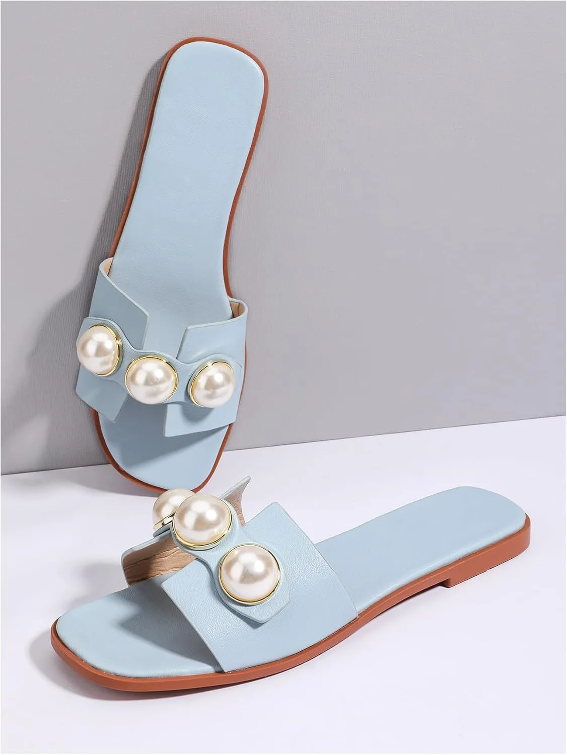 Verdusa Women's Flat Sandals Pearl Sandals Square Toe Summer Slip On Flat Shoes