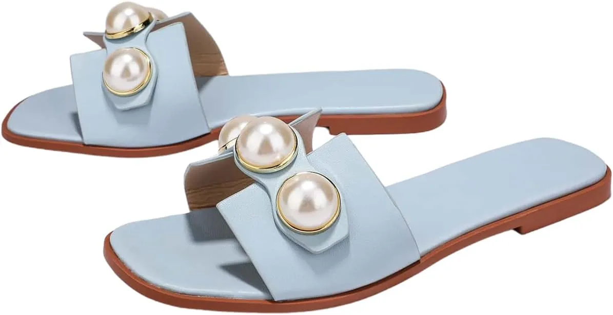 Verdusa Women's Flat Sandals Pearl Sandals Square Toe Summer Slip On Flat Shoes
