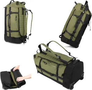 Vomgomfom 86L Collapsible Wheeled Luggage With Removable Backpack Straps,Waterproof Rolling Duffle Bag with Quilted Base,Army Green