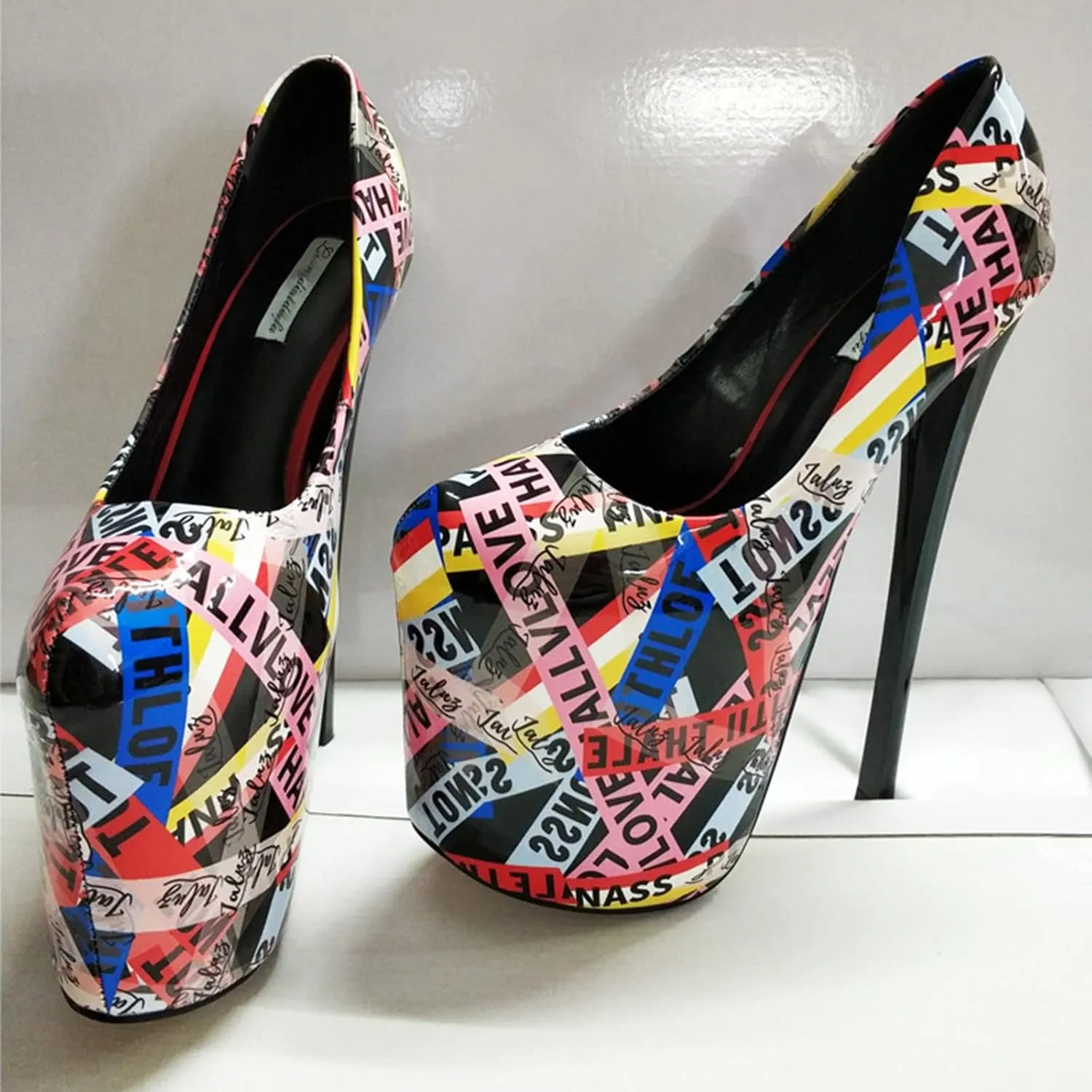 Vujkliy Women's High Heels Round Toe Platform Color Blocking Stiletto Shoes Sexy Catwalk Night Club Banquet Striptease 22CM/8.6IN Large Size Shoes
