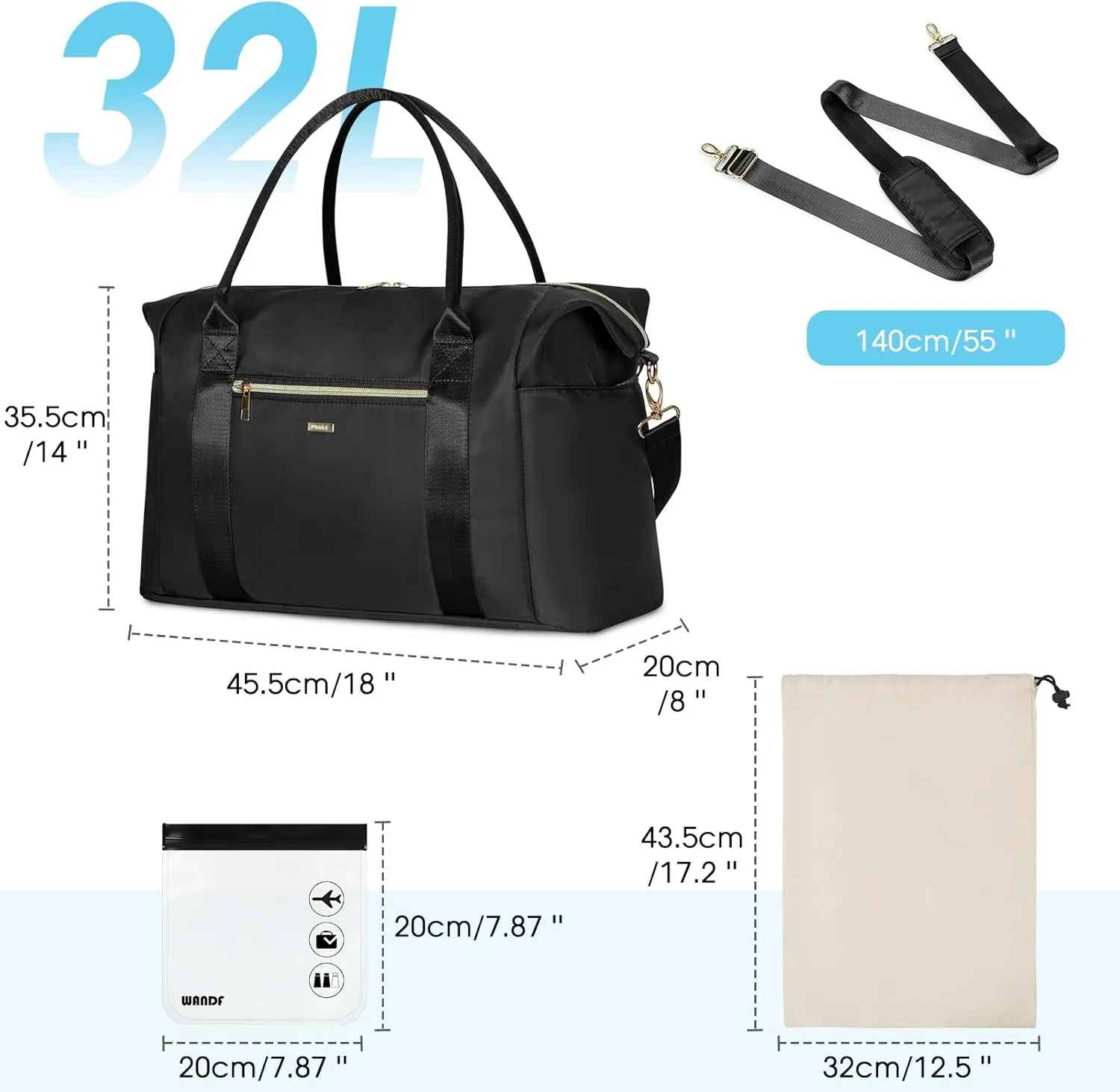 WANDF For Spirit Airlines Personal Item Bag 18x14x8 Travel Duffel Bag with TSA Approved Quart Size Bag & Shoe Bags Weekender Overnight Carry-on Luggage for Women (Black)