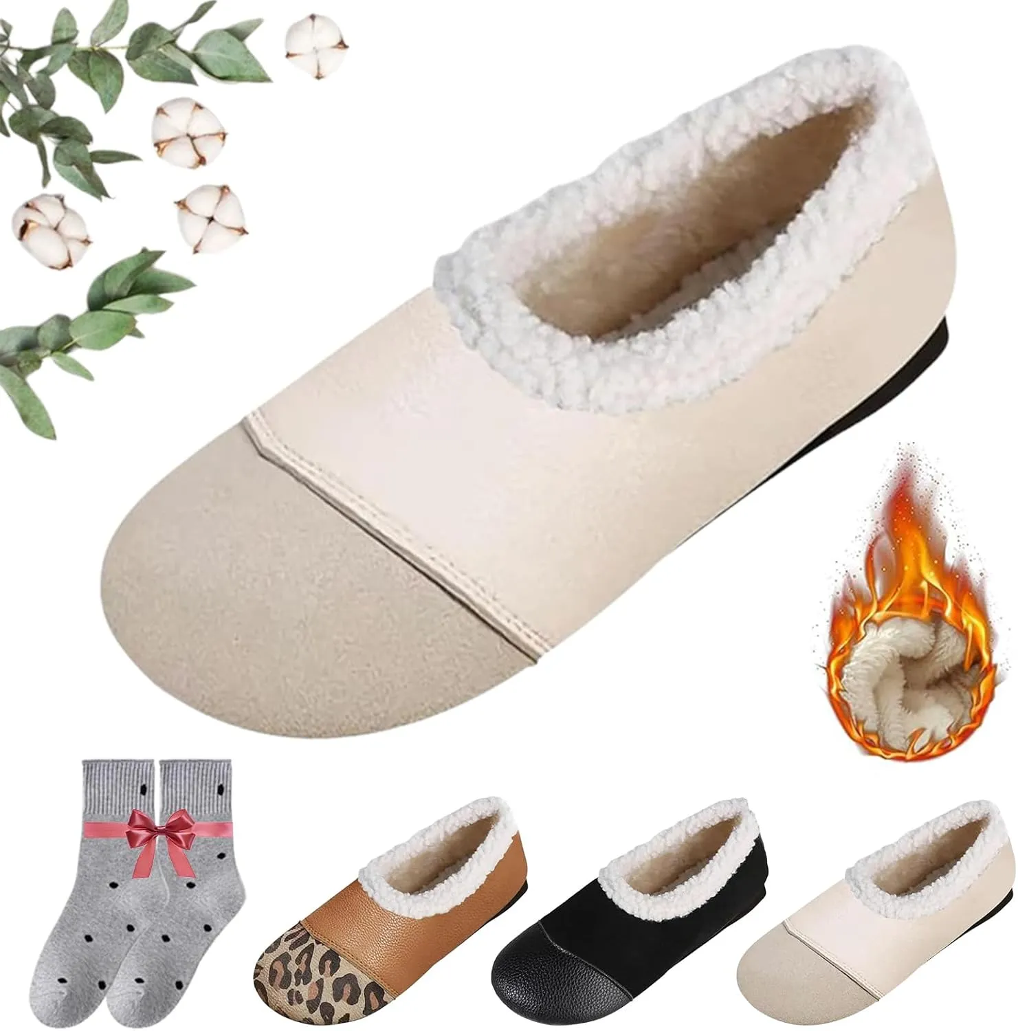 Warm and Luxurious Winter Leather Shoes for Women, Casual Plush Slip on Walking Shoes Orthopedic Arch Support