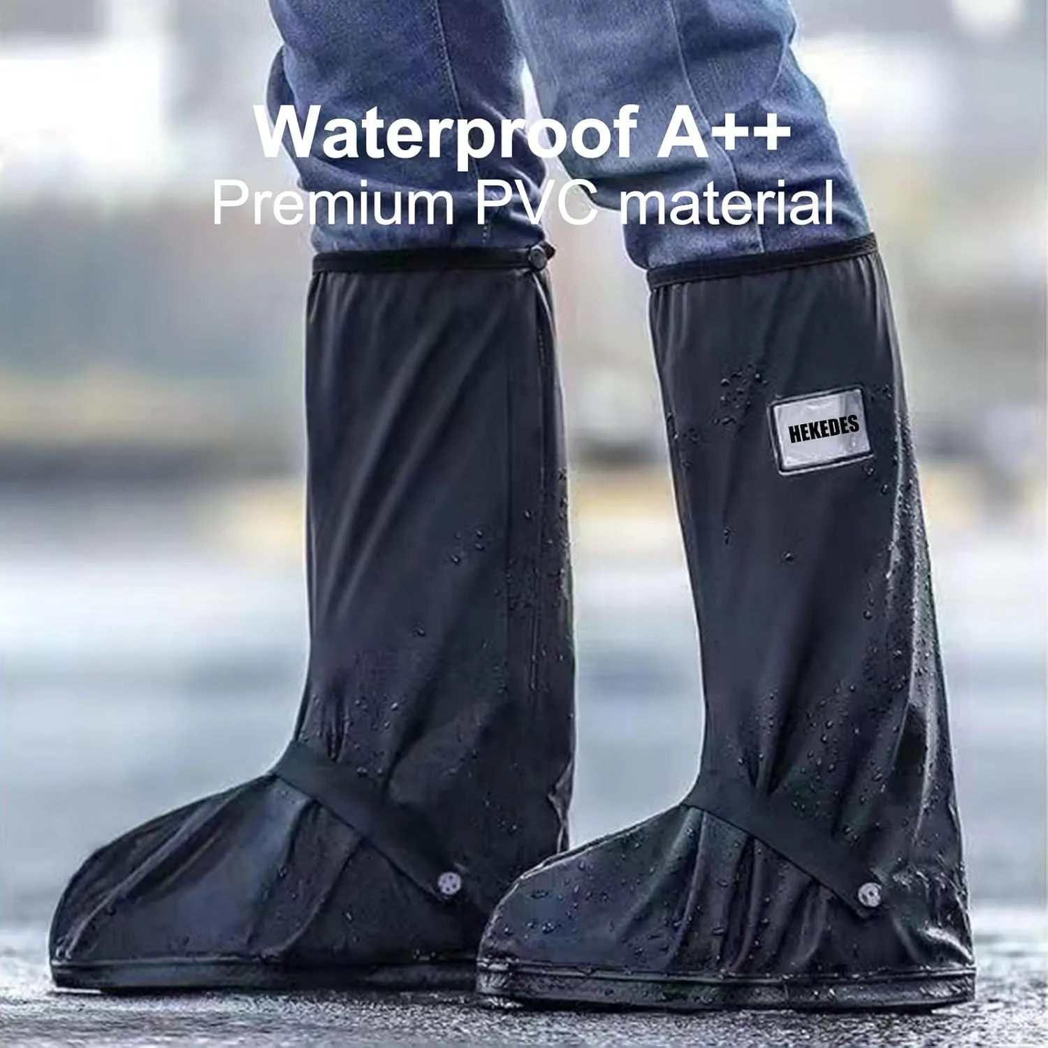 Waterproof Shoe Covers, Reusable & Foldable Rain Boot Shoe Cover with Zipper, Non-Slip, Reflector, Men Women Rain Gear, Black