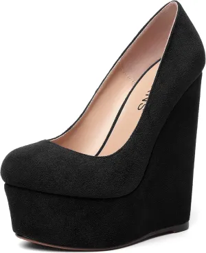 WAYDERNS Womens Platform Solid Suede Round Toe Party Slip On Fashion Wedge High Heel Pumps Shoes 6 Inch