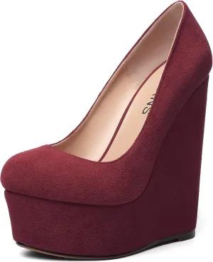 WAYDERNS Womens Platform Solid Suede Round Toe Party Slip On Fashion Wedge High Heel Pumps Shoes 6 Inch