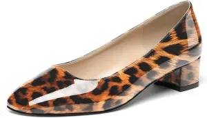 WAYDERNS Women's Square Toe Slip On Patent Chunky Low Heel Pumps Shoes 1.5 Inch