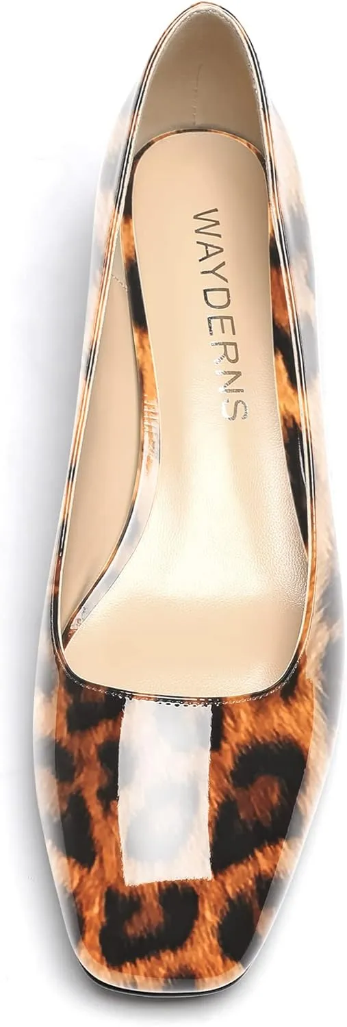WAYDERNS Women's Square Toe Slip On Patent Chunky Low Heel Pumps Shoes 1.5 Inch