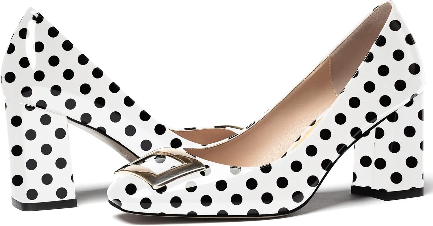 WAYDERNS Women's Square Toe Solid Patent Slip On Block High Heel Pumps Shoes 3 Inch