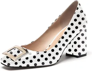 WAYDERNS Women's Square Toe Solid Patent Slip On Block High Heel Pumps Shoes 3 Inch