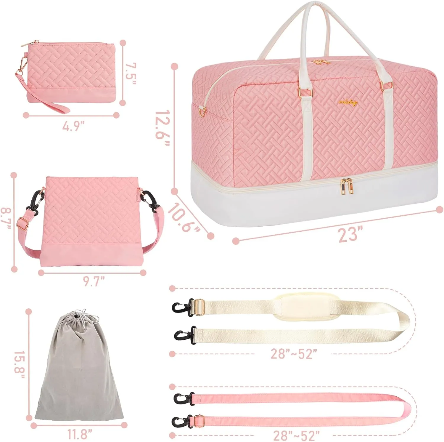 Weekender Bag for Women, 5 Pcs Set Carry on Overnight Bag, 23" Travel Duffel Bag with Waterproof Shoe Compartment