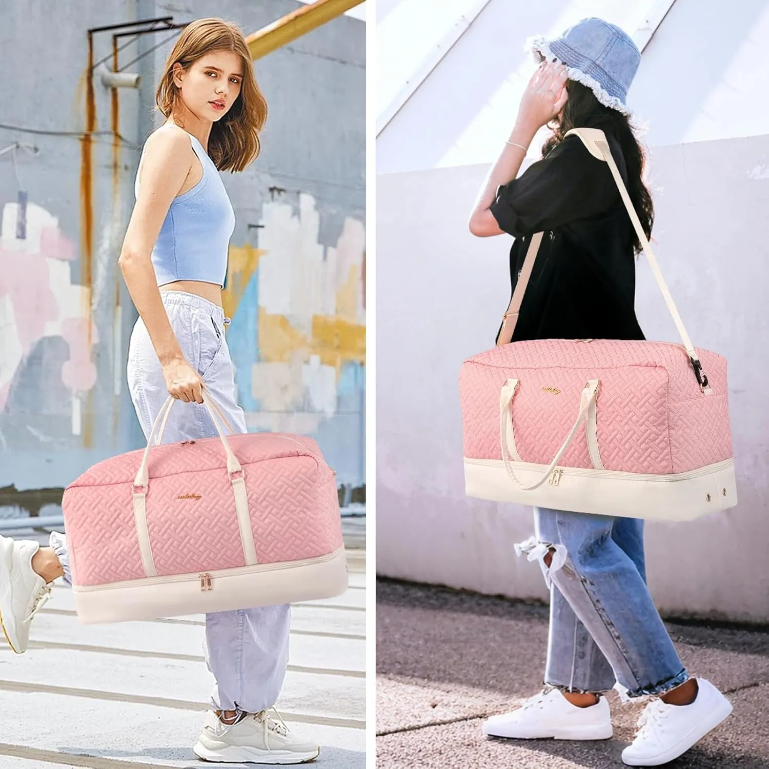 Weekender Bag for Women, 5 Pcs Set Carry on Overnight Bag, 23" Travel Duffel Bag with Waterproof Shoe Compartment