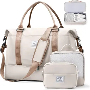 Weekender Bags for Women, Travel Duffel Bags with Shoe Compartment & Wet Pocket,Travel Bag for Airlines,Carry on Overnight Tote Bag for women with Toiletry Bag,3Pcs Set，Beige & Brown