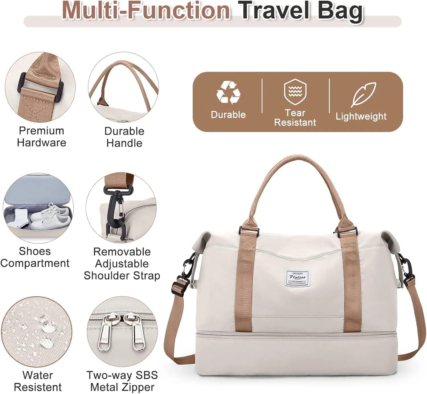Weekender Bags for Women, Travel Duffel Bags with Shoe Compartment & Wet Pocket,Travel Bag for Airlines,Carry on Overnight Tote Bag for women with Toiletry Bag,3Pcs Set，Beige & Brown