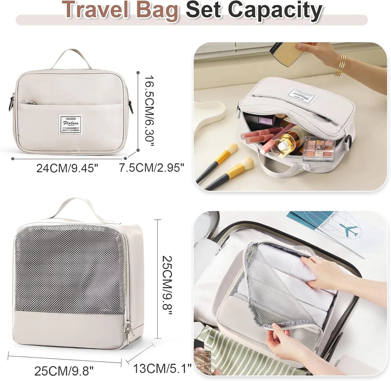 Weekender Bags for Women, Travel Duffel Bags with Shoe Compartment & Wet Pocket,Travel Bag for Airlines,Carry on Overnight Tote Bag for women with Toiletry Bag,3Pcs Set，Beige & Brown