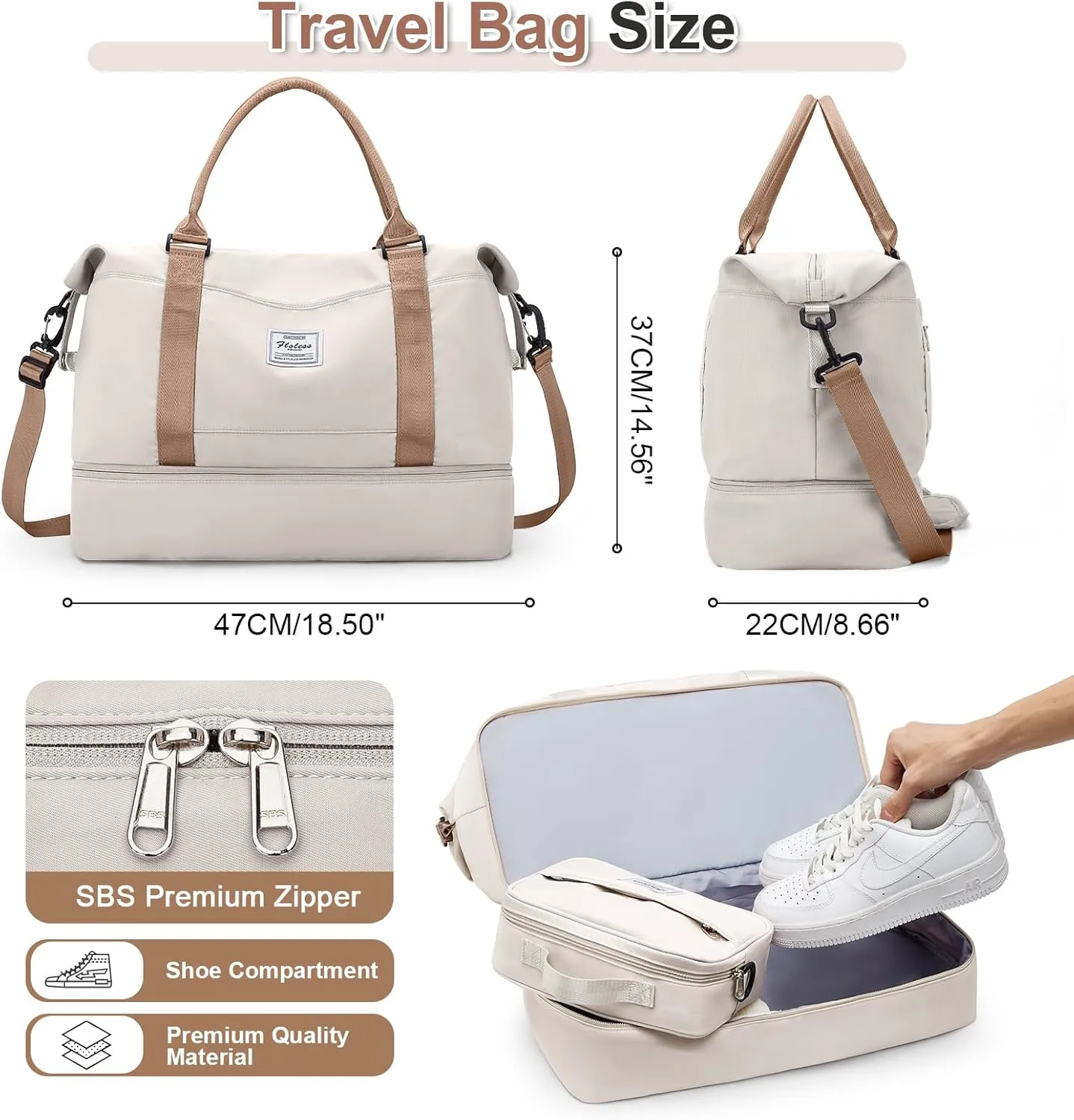 Weekender Bags for Women, Travel Duffel Bags with Shoe Compartment & Wet Pocket,Travel Bag for Airlines,Carry on Overnight Tote Bag for women with Toiletry Bag,3Pcs Set，Beige & Brown