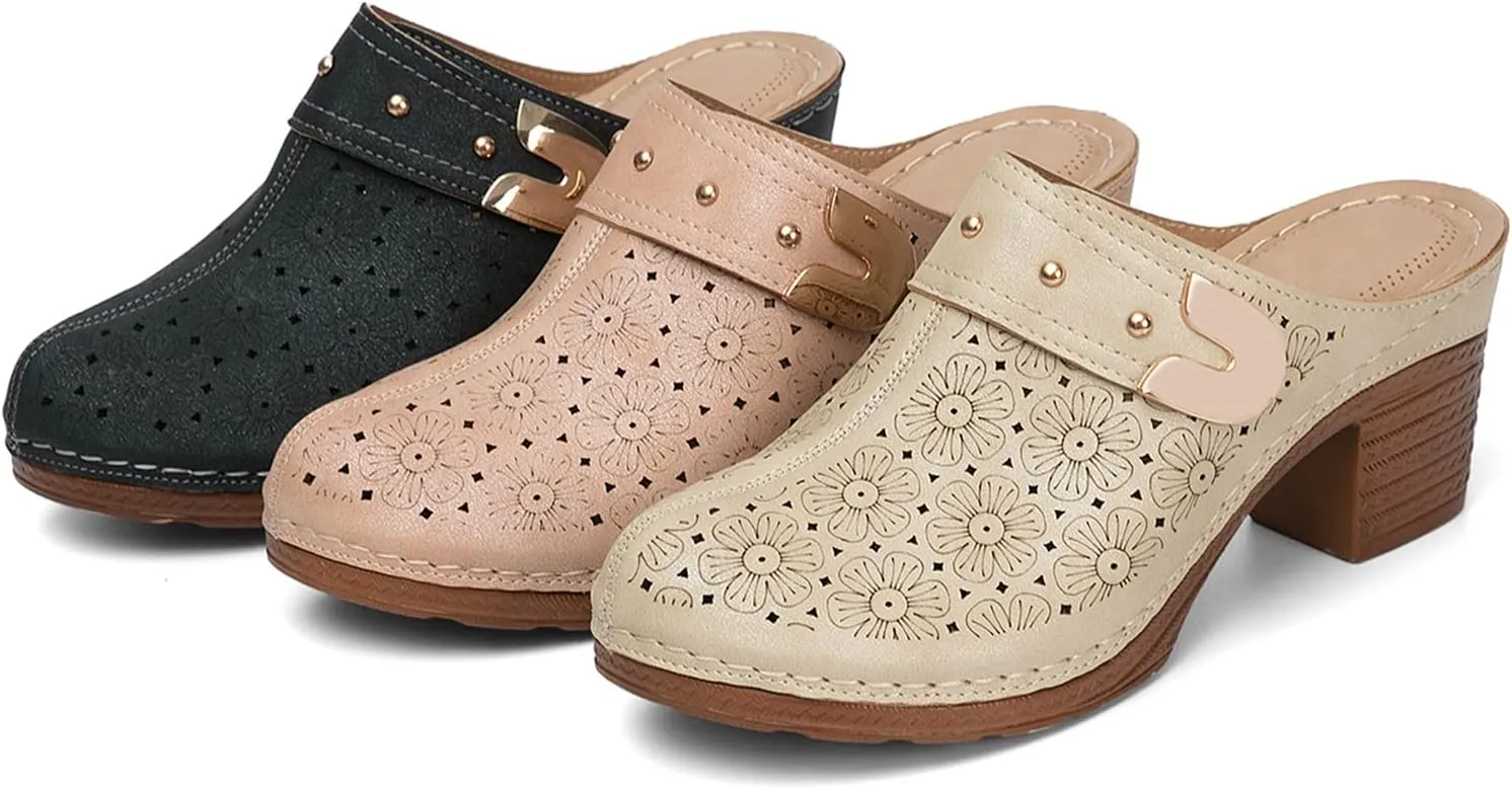 WENOREG Women’s Hollow Closed Toe Chunky Heels Mules,Summer Retro Flower Pattern Slip On Slides Loafer Shoes,Metal Decoration Casual Breathable Backless Mules Sandals