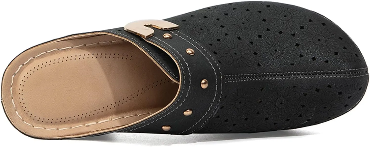 WENOREG Women’s Hollow Closed Toe Chunky Heels Mules,Summer Retro Flower Pattern Slip On Slides Loafer Shoes,Metal Decoration Casual Breathable Backless Mules Sandals