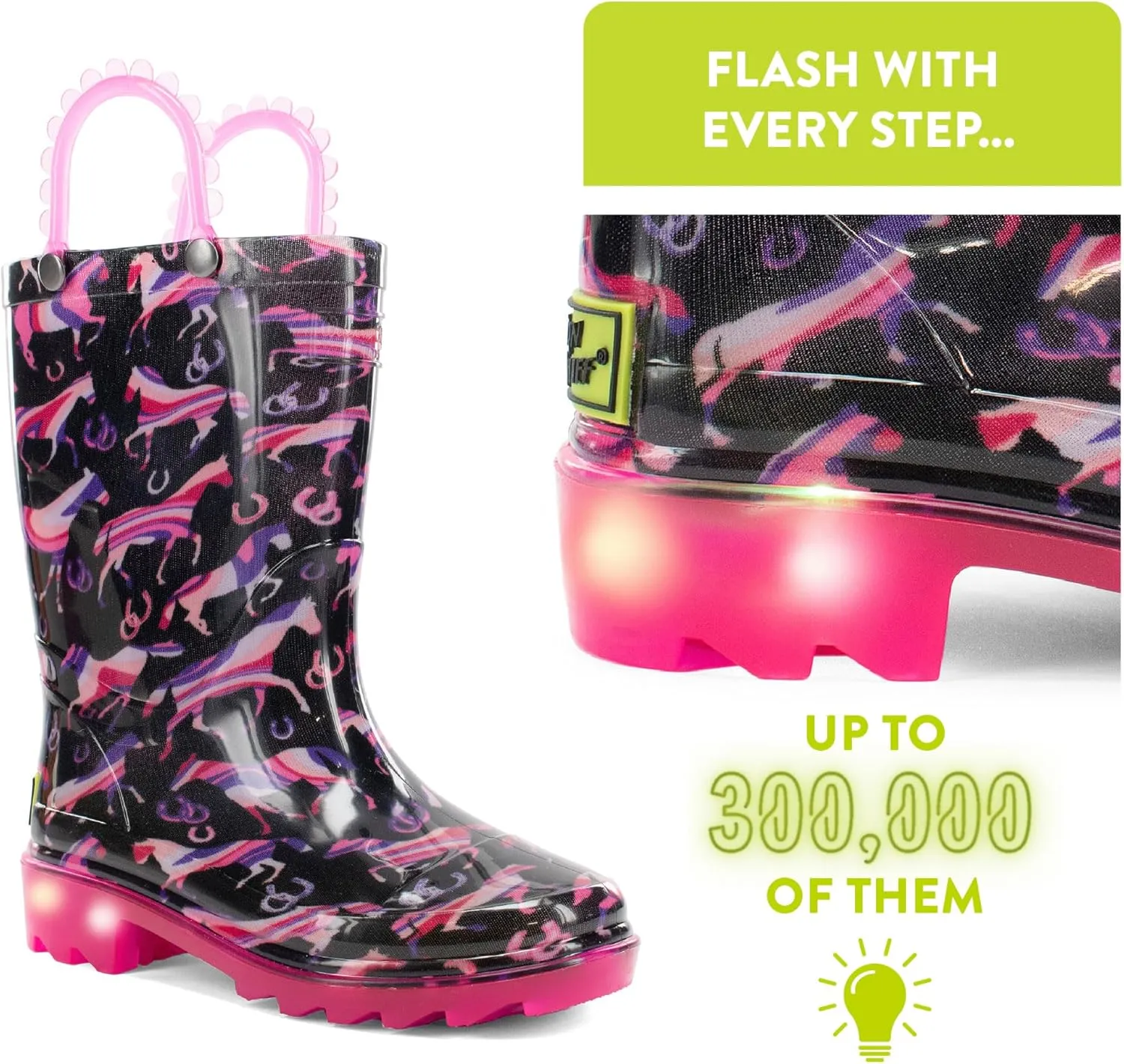Western Chief Kids Waterproof Light Up Rain Boots With Handles for Easy On and Off for Boys and Girls