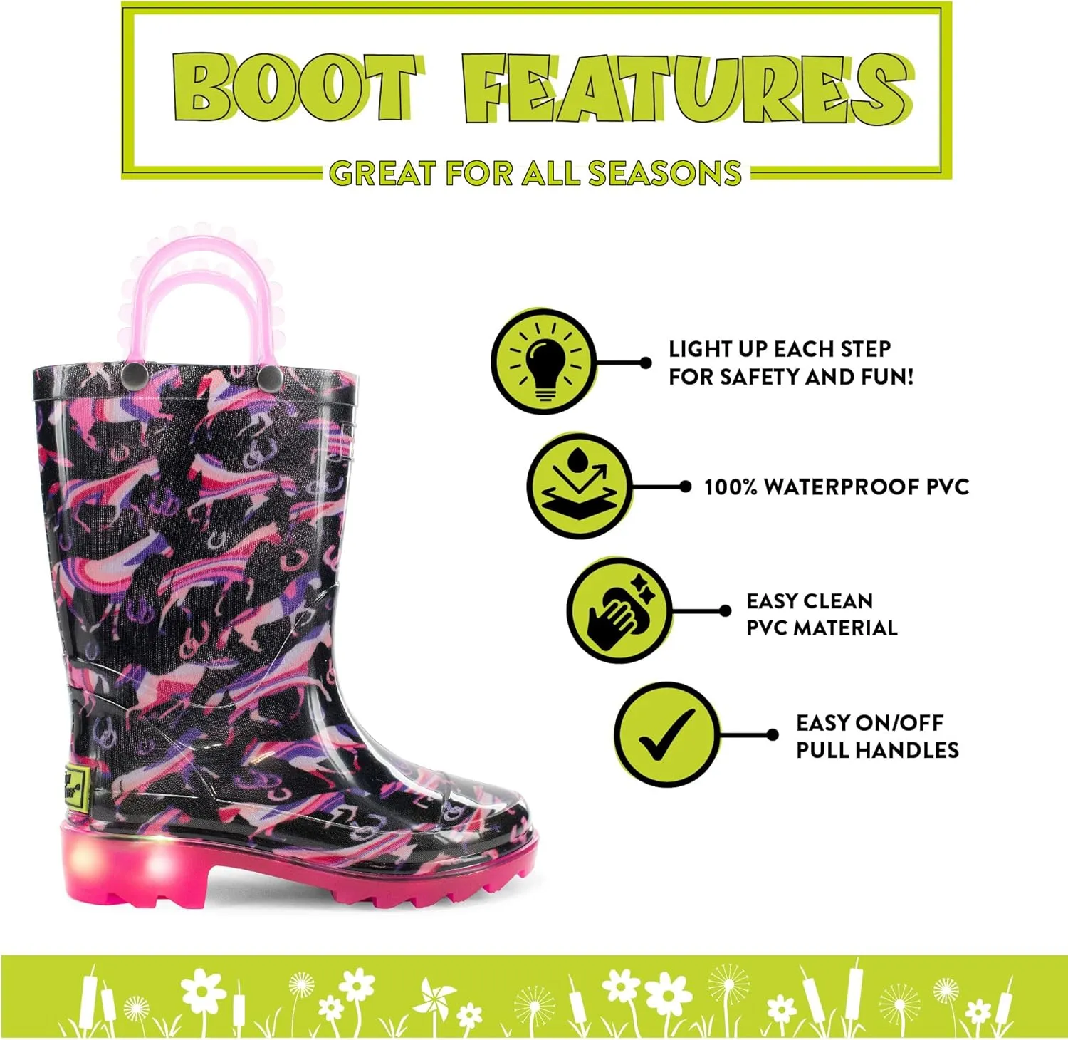 Western Chief Kids Waterproof Light Up Rain Boots With Handles for Easy On and Off for Boys and Girls