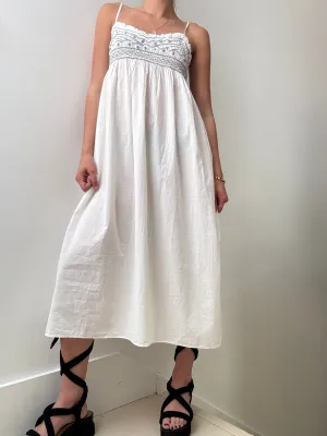White Cotton Dress Blue Embroidered