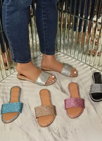 Wild Diva Women's Round Toe Rhinestone Embelished Flat Sandals