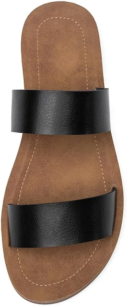 Women Casual Open Toe Two Bands with Elastic Fashion Slide Flat Sandal