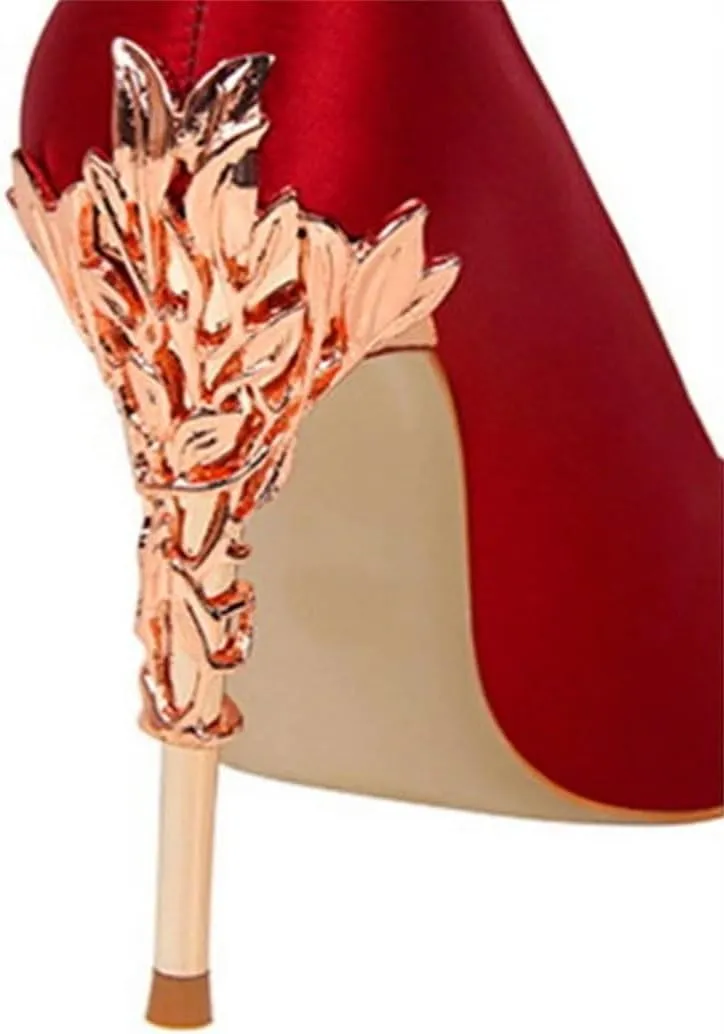 Women Elegant Metal Carved Heel Pumps Solid Pointed Toe Fashion High Heels Wedding Dress Shoes Thin Heels Slip-On