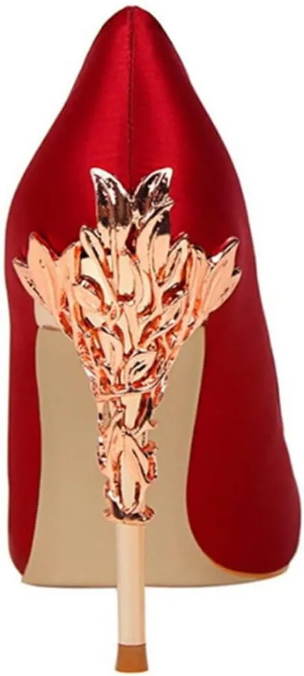 Women Elegant Metal Carved Heel Pumps Solid Pointed Toe Fashion High Heels Wedding Dress Shoes Thin Heels Slip-On