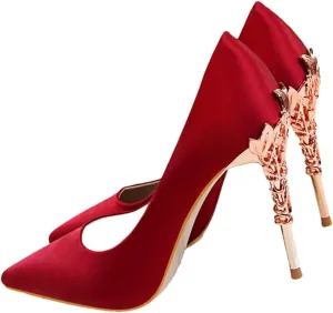 Women Elegant Metal Carved Heel Pumps Solid Pointed Toe Fashion High Heels Wedding Dress Shoes Thin Heels Slip-On