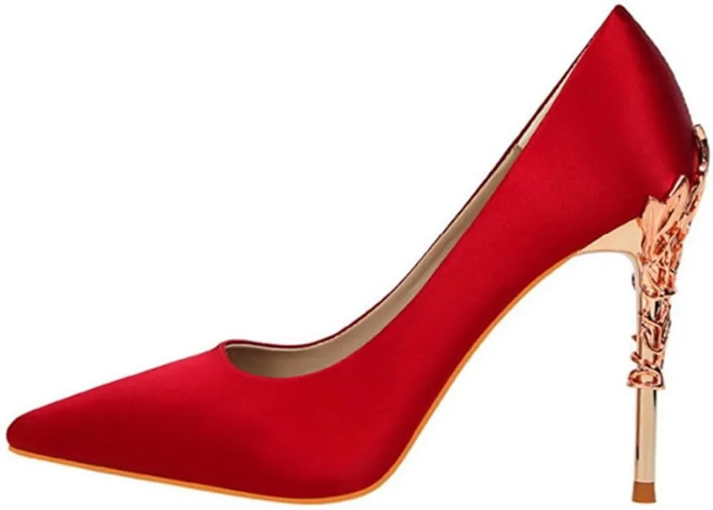 Women Elegant Metal Carved Heel Pumps Solid Pointed Toe Fashion High Heels Wedding Dress Shoes Thin Heels Slip-On