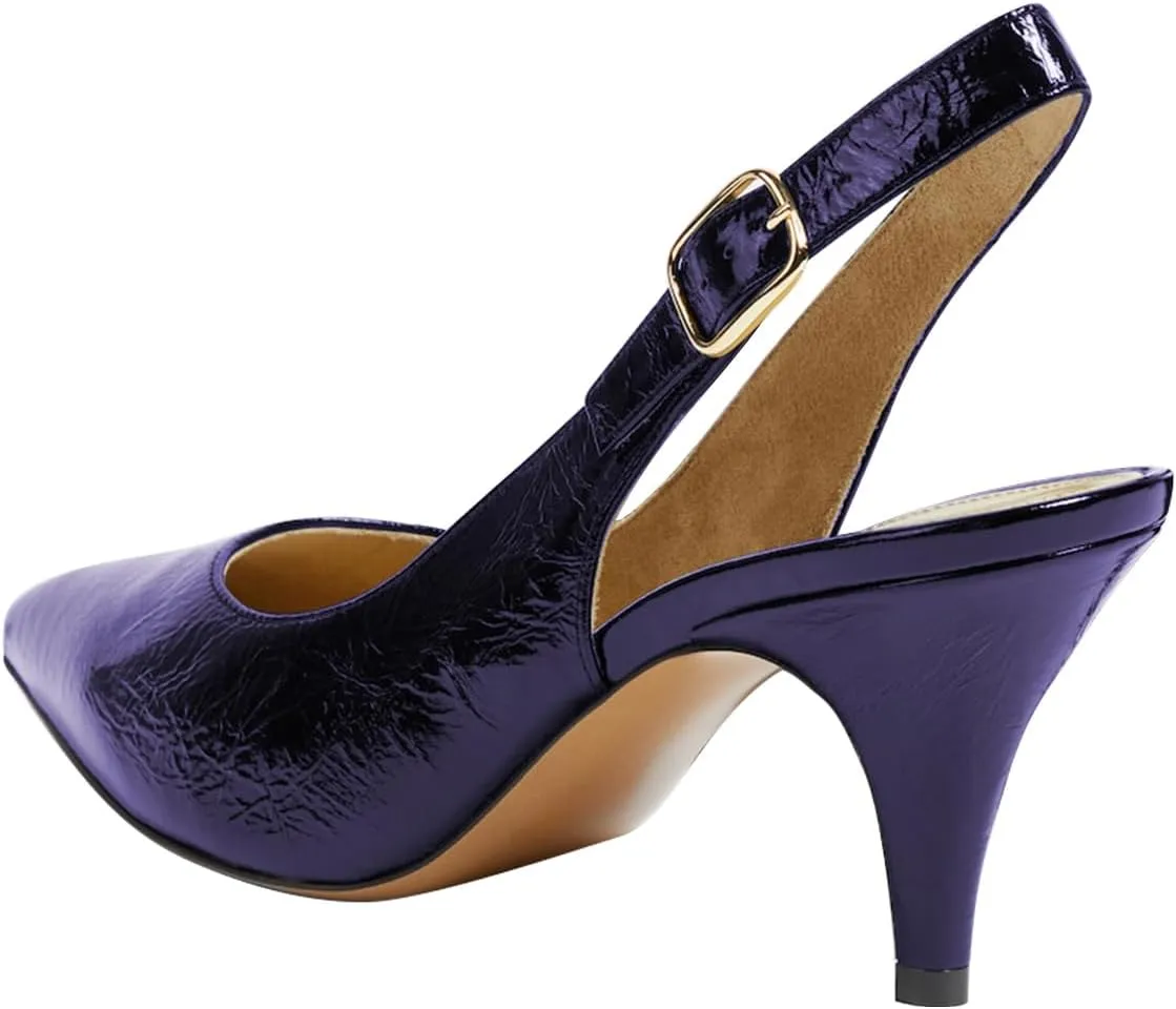 Women Graceful Mid Heel Slip on Slingback Pumps Adjustable Backstrap Buckle Pointed Toe Office Party Dress Shoes Size 4-16 US
