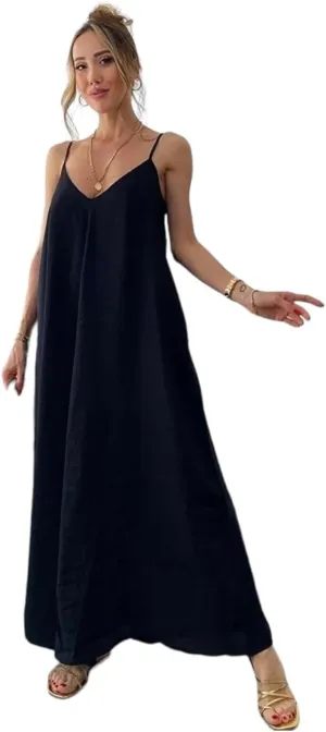 Women Summer Casual Loose Sleeveless Sundress Spaghetti Strap Flowy Maxi Long Dress (US, Alpha, X-Large, Regular, Long, Black)