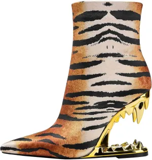 Women Super High Tiger Teeth Tooth Heels Side Zipper Pattern Leopard Short Mid Calf Boots Finish Booties Ankle Stretch Socks Pointe Classic Elastic Relaxed Slouchy