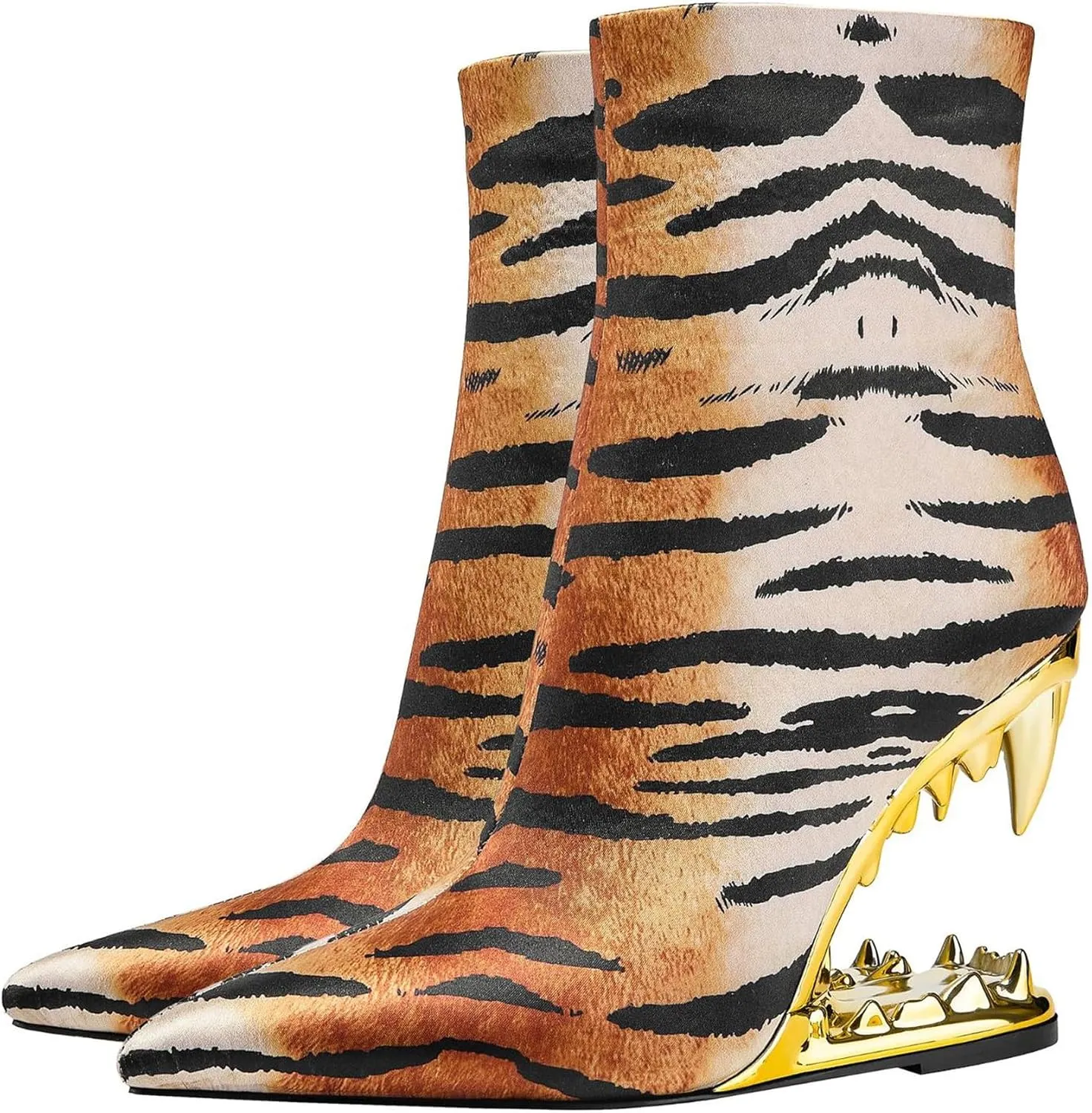 Women Super High Tiger Teeth Tooth Heels Side Zipper Pattern Leopard Short Mid Calf Boots Finish Booties Ankle Stretch Socks Pointe Classic Elastic Relaxed Slouchy