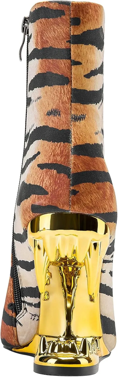 Women Super High Tiger Teeth Tooth Heels Side Zipper Pattern Leopard Short Mid Calf Boots Finish Booties Ankle Stretch Socks Pointe Classic Elastic Relaxed Slouchy