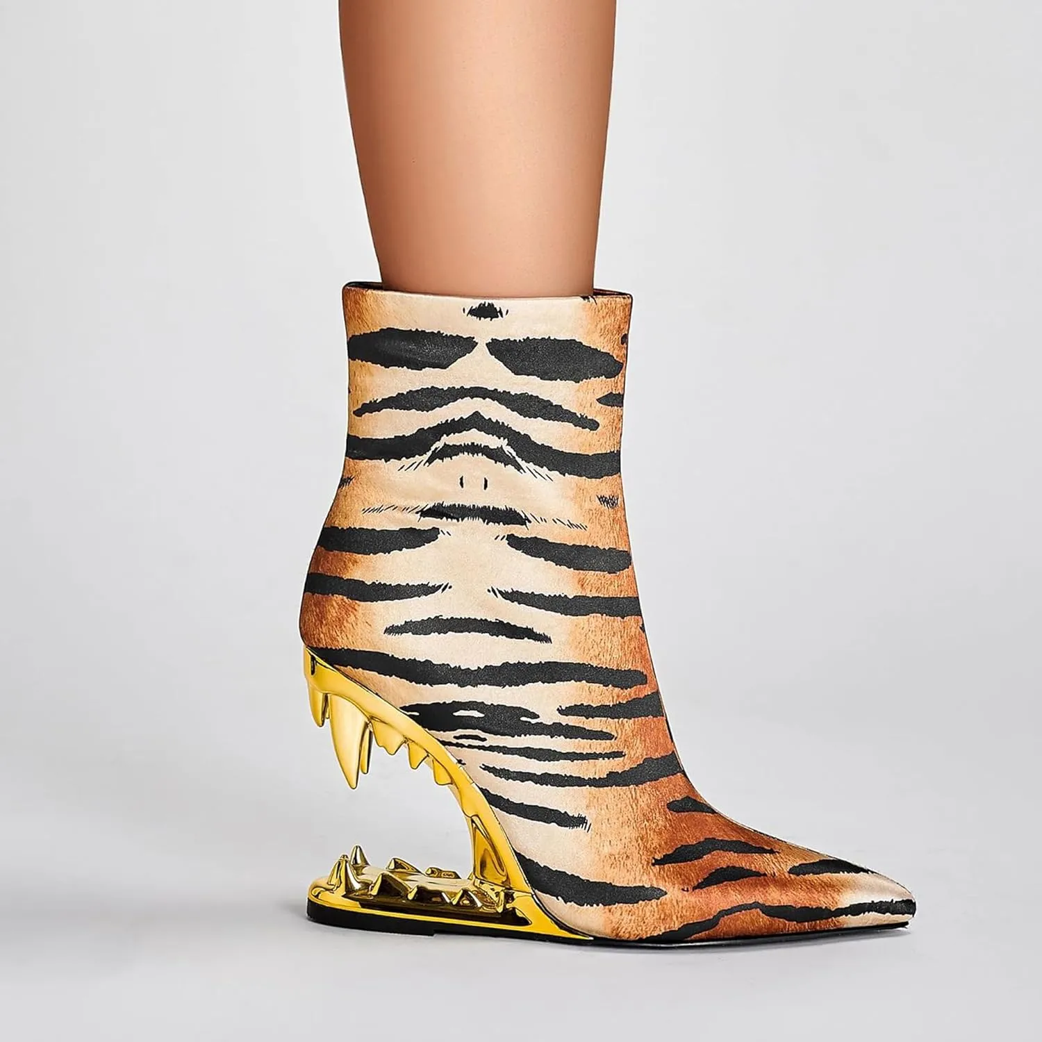 Women Super High Tiger Teeth Tooth Heels Side Zipper Pattern Leopard Short Mid Calf Boots Finish Booties Ankle Stretch Socks Pointe Classic Elastic Relaxed Slouchy