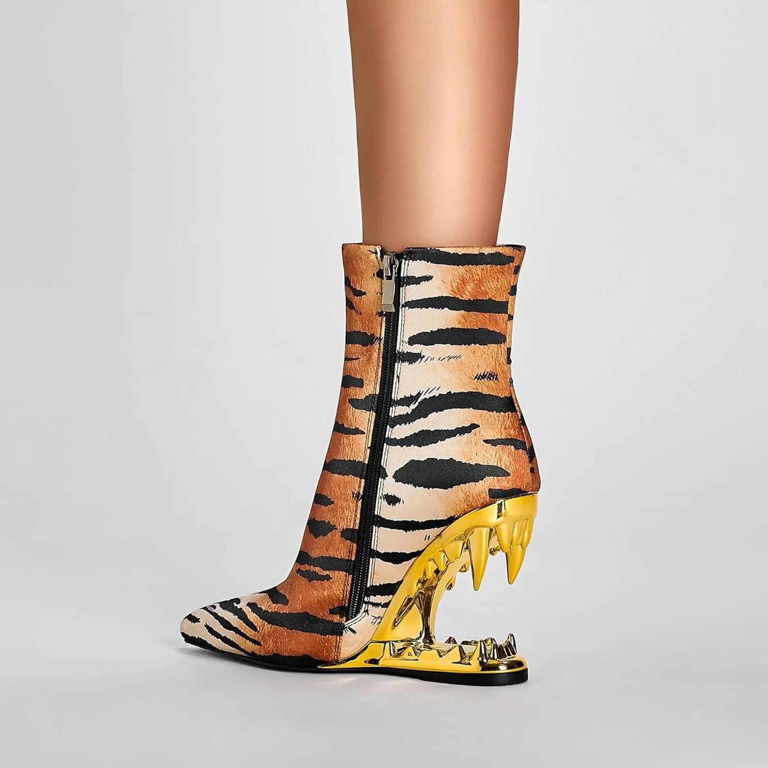 Women Super High Tiger Teeth Tooth Heels Side Zipper Pattern Leopard Short Mid Calf Boots Finish Booties Ankle Stretch Socks Pointe Classic Elastic Relaxed Slouchy