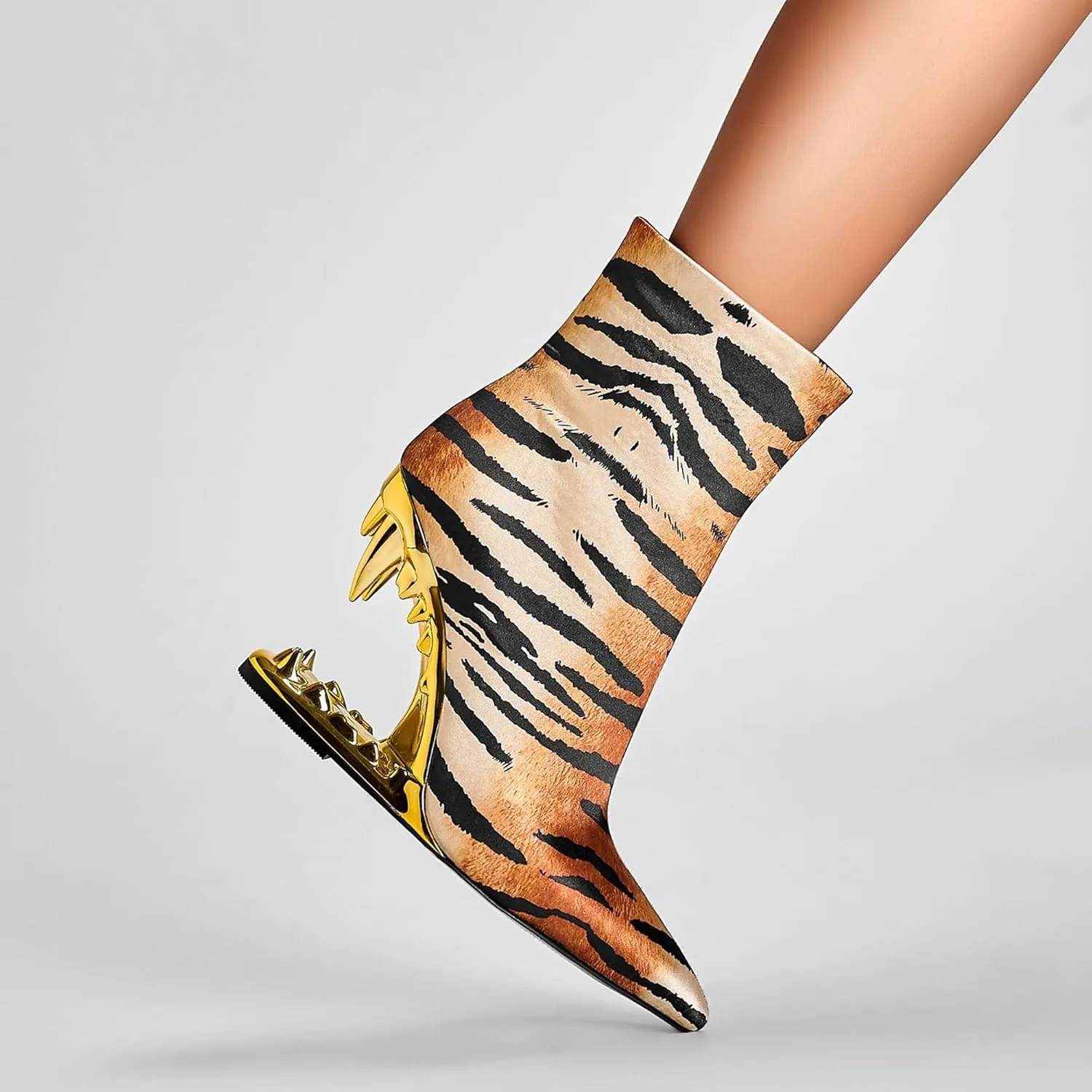 Women Super High Tiger Teeth Tooth Heels Side Zipper Pattern Leopard Short Mid Calf Boots Finish Booties Ankle Stretch Socks Pointe Classic Elastic Relaxed Slouchy