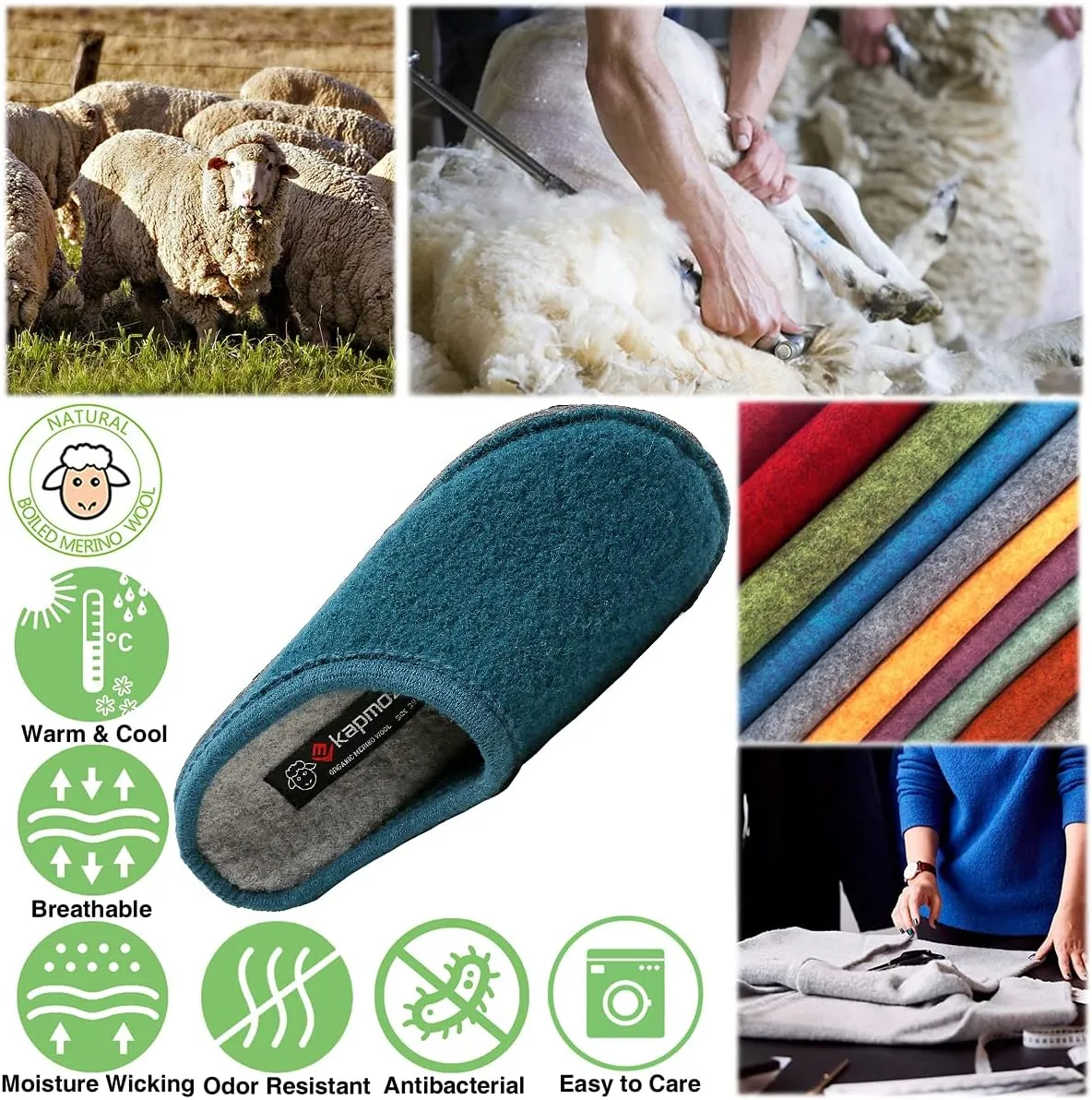 Women's Boiled Wool House Slippers Breathable Sweat Free Clog Slip on Mule Indoor/Outdoor Slipper