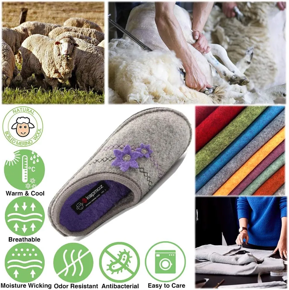 Women's Boiled Wool House Slippers Breathable Sweat Free Clog Slip on Mule Indoor/Outdoor Slipper