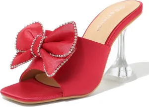 Women's Bowknot High Heel Mule Sandals Clear Heels Square Toe Satin Bow Mules Backless Slip on Slippers Comfortable Wedding Party Dress Shoes