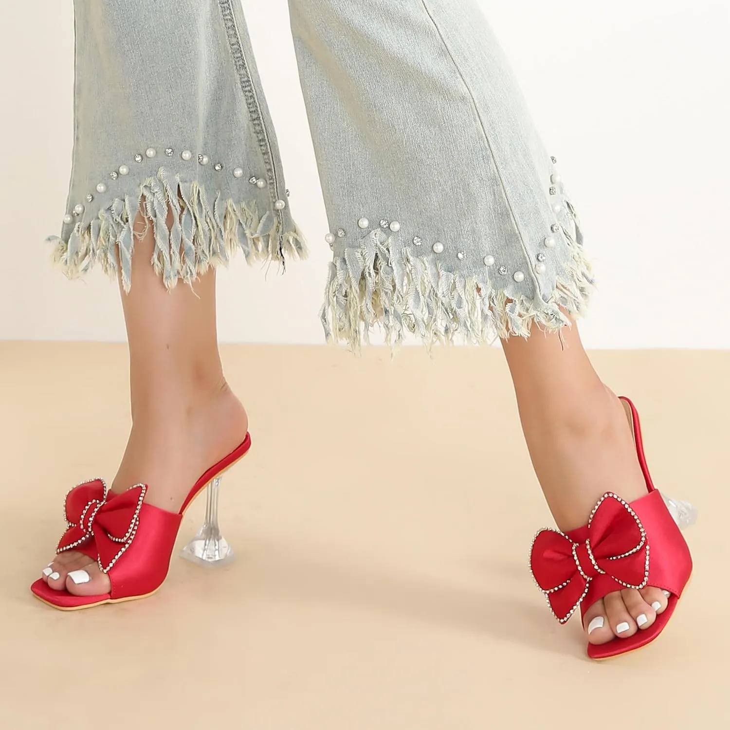 Women's Bowknot High Heel Mule Sandals Clear Heels Square Toe Satin Bow Mules Backless Slip on Slippers Comfortable Wedding Party Dress Shoes
